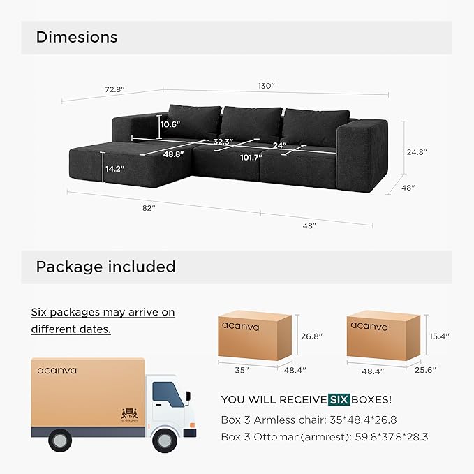 Acanva Oversized Modular Sectional Sofa with Removable Washable Slipcovers, Modern Low Profile Deep Seat Couch for Living Room, Chenille-Black, 3 Armless Chairs & 3 Armrests/Ottomans