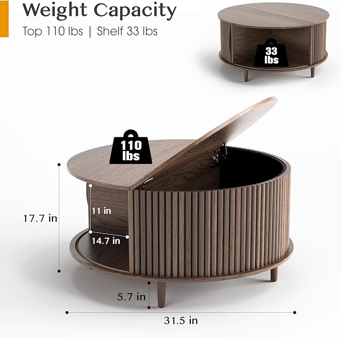 Round Coffee Table with Storage, 31.5" Mid Century Modern Coffee Table with Sliding Door & Solid Wood Legs, Minimalist Fluted Center Table for Living Room, Home Small Space, Walnut