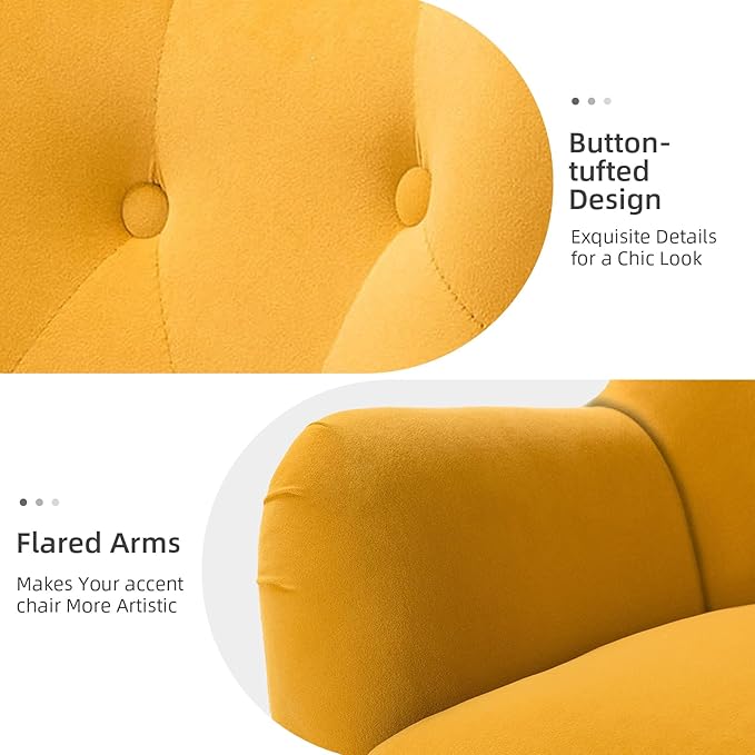 HULALA HOME Velvet Accent Chair Set of 2, Modern Wingback Arm Chair with Metal Gold Legs, Velvet Tufted Upholstered(Mustard)