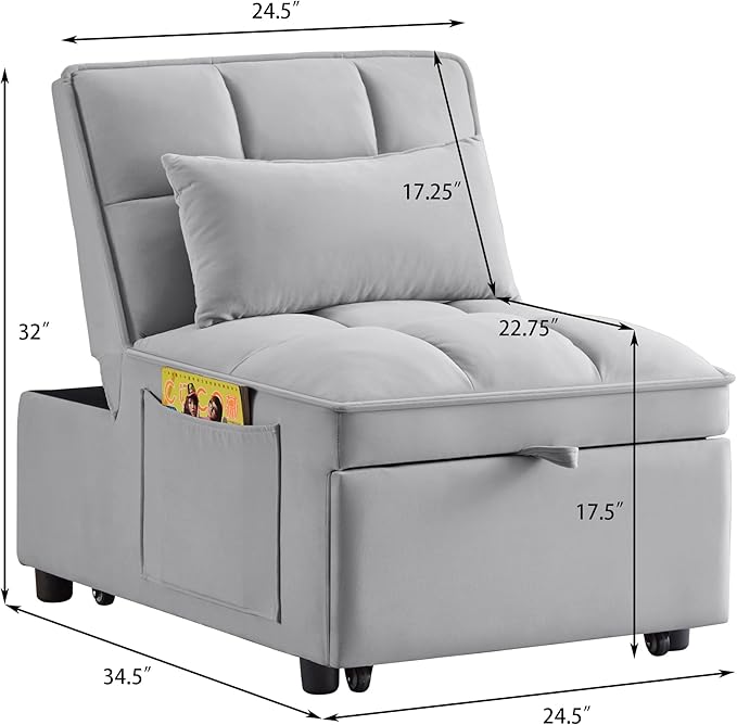 3 in 1 Convertible Sleeper Sofa Chair, Velvet Tufted Single Pull Out Couch Bed with Adjustable Backrest and Pillow