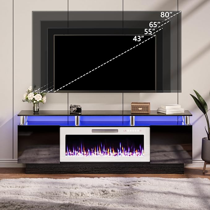 TAVATA 70" Fireplace TV Stand Up to 80" TVs, High Gloss Modern Entertainment Center with Storage, Wood Media Console Cabinet with 36" Fireplace & Open Shelf for Living Room, Black+White - Image 6