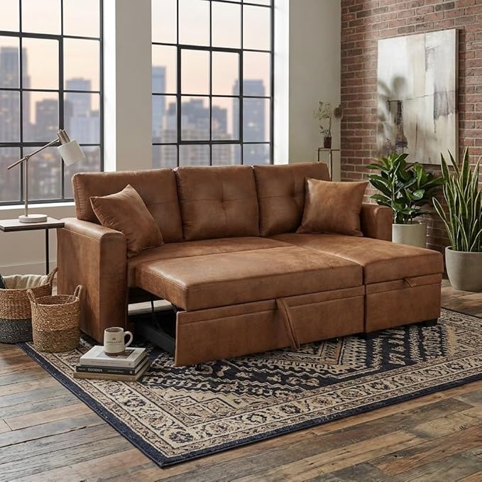 Sectional Sleeper Sofa with Pull Out Bed, L Shape Convertible Sofa Bed Couch with Storage Chaise, 3 in 1 Pull Out Sofa Bed with 3 Seats, for Living Room,Apartment, PU Brown, 76 Inch