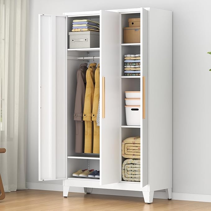 75.3" Tall Metal Armoire Wardrobe Closet with 3 Doors, Adjustable Hanging Rod and 5 Adjustable Shelves, Freestanding Storage Cabinet Organizer for Bedroom, Office, Laundry Room， White