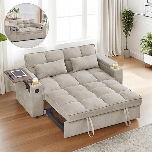 Rovibek 3 in 1 Sofa Bed, 65 Inch Convertible Pull Out Couch with USB and Type-C Ports, Loveseat Sleeper Bed with Small Table, 3 Level Adjustable Backrest for Living Room, Khaki