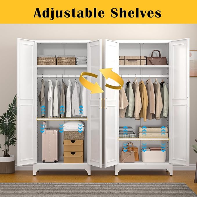 SteeLoong Metal Wardrobe Cabinet with Hanging Rod, 71" Tall Armoire Wardrobe Closet with 2 Doors and Adjustable Shelves, White Clothing Storage Cabinets for Bedroom, Laundry Room, Cloak Room