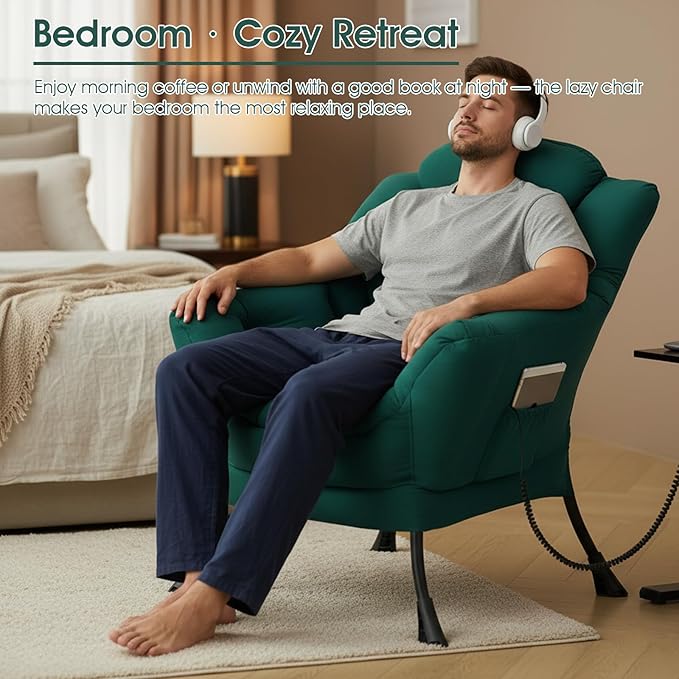 Lazy Chair for Living Room, Large Dark Green Accent Chair with a Throw Pillow, Leisure Sofa Chair Set, Comfy Reading Chair for Bedroom, Dorm Room, Office