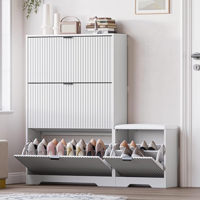 BORNOON Slim Shoe Cabinet with Bench for Entryway, Hidden Storage and Adjustable Shelves, Free Standing Wooden Shoes Organizer for Foyer, Hallway by BORNOON