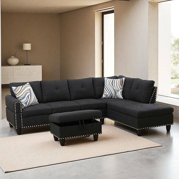 Sectional Couches for Living Room, Convertible 4 Seat Modular Sectional Sofa Set for Living Room, L Shaped Couch or U Shaped Couch with Storage Ottoman for Apartment, Dark Grey