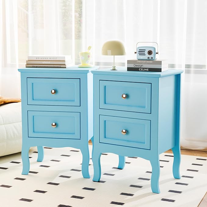 Bonnlo Nightstand Set of 2, Nightstands with 2 Drawers, Blue Nightstand, Bed Side Table/Night Stand, Small Nightstands for Bedroom, Small Spaces, College Dorm, Kids’ Room,Living Room, Wood,16W*12D*24H by Bonnlo