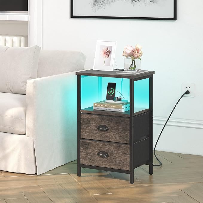 sthmec Nightstand with Charging Station, LED Night Stand Set of 2, Bedside Table End Table with Drawer, Bedroom Tables with 2 Fabric Drawers, 3-Tier Storage Side Table for Bedroom, Black Oak - Image 2