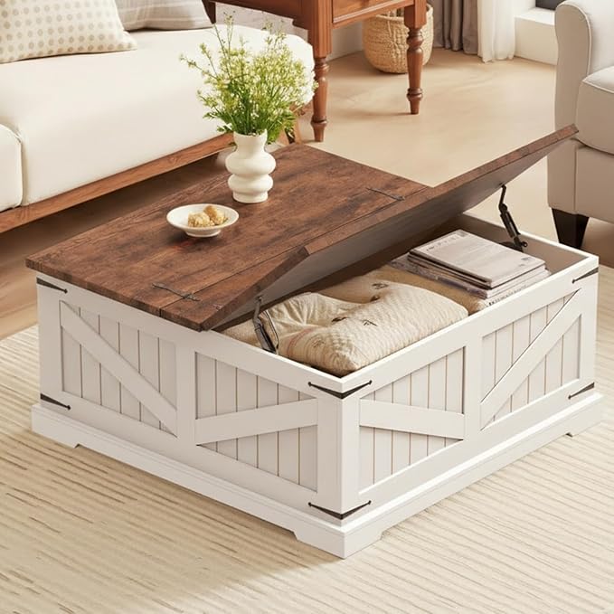Farmhouse Coffee Table with Storage, 32" Square Wood Center Table with Dual Flip-Top Lids, Hidden Storage Compartment and Arc Base for Living Room