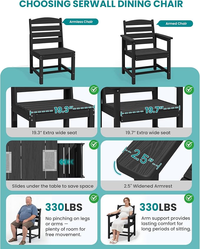 SERWALL Patio Dining Sets for 6 Person, HDPE Dining Set with 6 Armless Chairs, Black - Image 6