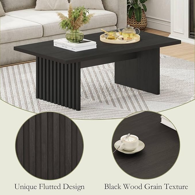 BON AUGURE Coffee Tables for Living Room, 47 Inch Modern Living Room Table, Rectangular Coffee Table with Spacious Tabletop, Slatted Panel Center Tables Centerpiece, Black Oak