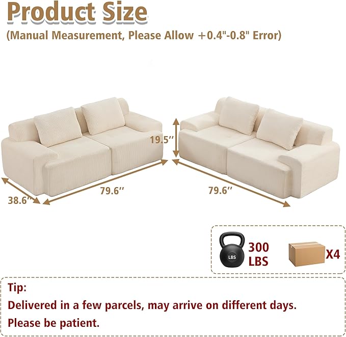 KIGOTY Modular Sectional Sofa, 4 PCS Comfy Cloud Sectional Couch with Deep Seat, Corner Couch, Modern Boneless Sofas for Living Room, No Assembly Required,White
