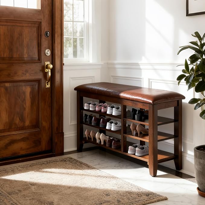 PY HOME & SPORTS Shoe Rack for Entryway 31.5": 3-Tier Shoe Storage Bench,Adjustable/Removable Shelves, Rubberwood Shoe Benches for Hallway, Porch, Bathroom, Brown by PYHOMESPORTS