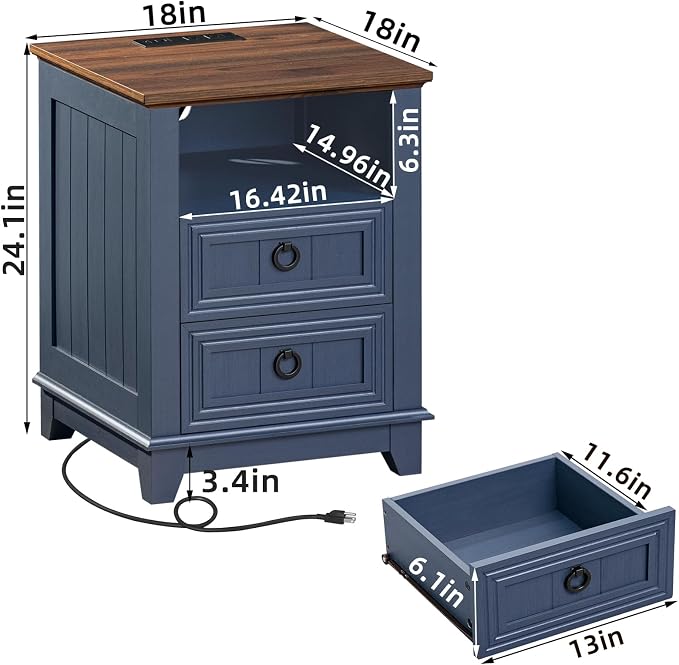 Joaxswe 18" Farmhouse Night Stands Set of 2 with Charging Station, 2 Drawers End Table Dresser for Bedroom, Blue Wooden Nightstand, Bed Side Table with Open Shelf, Bedside Cabinet for Living Room - Image 5
