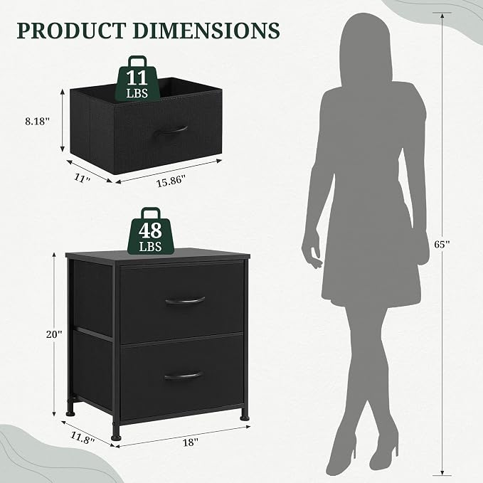 Nightstand Upgraded, Small 2 Drawer Dresser End Table Bedside Furniture, Wooden Top Fabric Bins for Bedroom, Closet, Entryway, Dorm, 11.8" D x 18" W x 20", Charcoal Black - Image 3