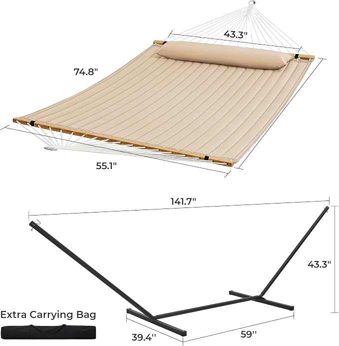 SUPERJARE Hammock with Stand, 2 Person Quilted Outdoor Hammock, Detachable Pillow & Bamboo Spreaders, Portable Hammock with Carrying Bag, Heavy Duty Stand, Perfect for Outside, Patio, Beige - Image 8