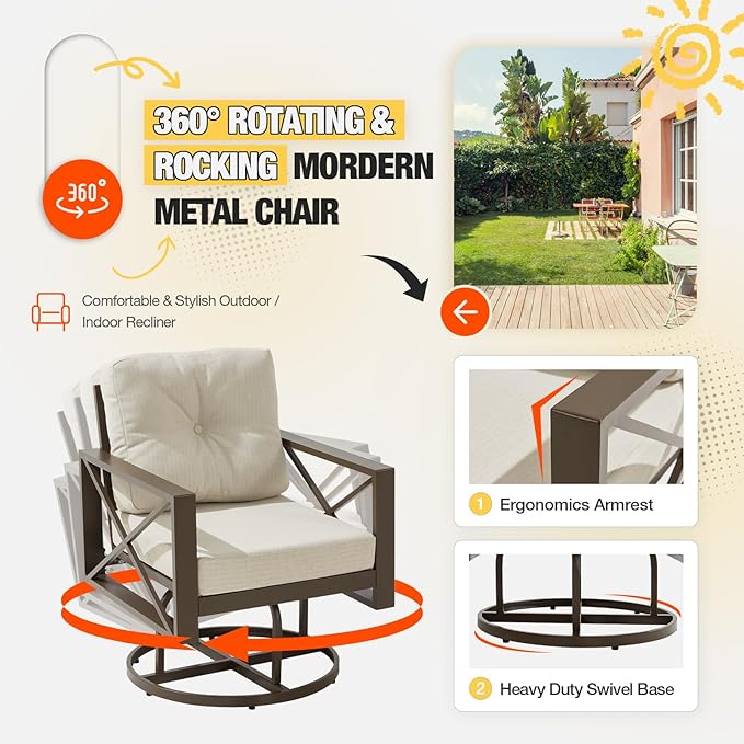 6 Pieces Metal Patio Furniture Set, Outdoor Seating Furniture with Swivel Chairs and Ottoman Ideal for Indoor Porch Deck Bistro Lawn Garden Backyard Poolside-Beige