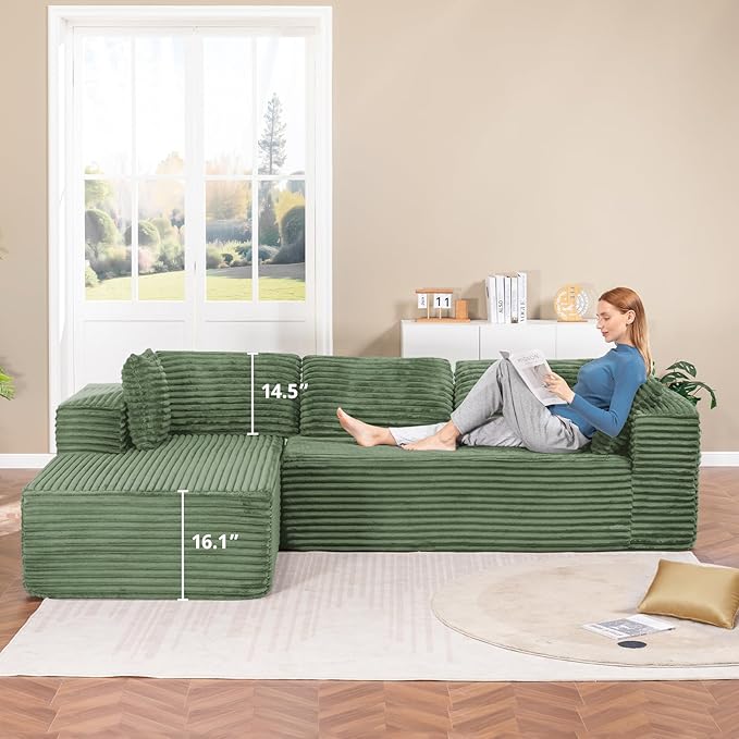 LUCKLIFE Modular Sectional Couch with L-Shape Chaise,Corduroy Upholstery Boneless Couches for Living Room,Oversized Sleeper Sofa,No Assembly Required (Green, L Shape with Left Facing Chaise)