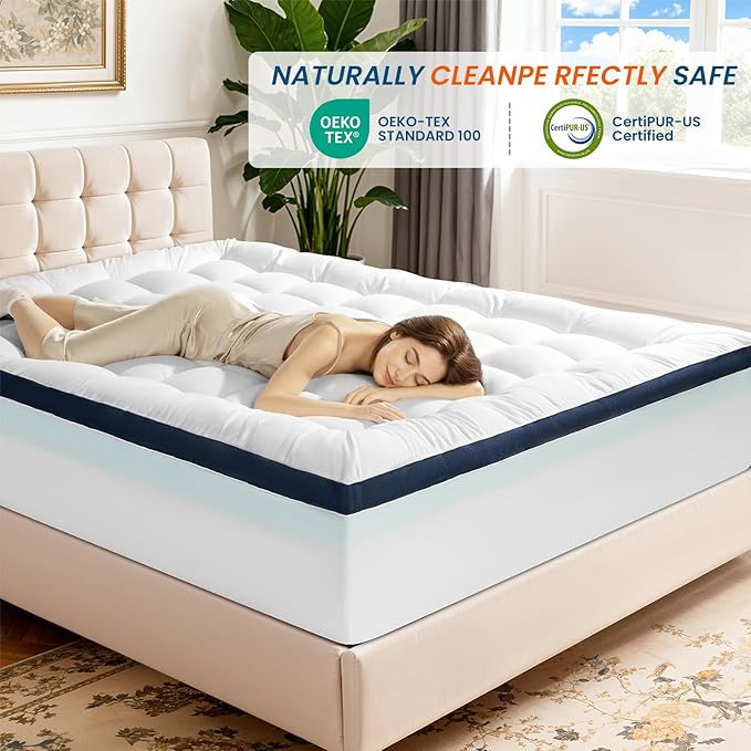 4 Inch Dual Layer Memory Foam Mattress Topper - 2 Inch 1000GSM Fluffy Soft Pillow Top Mattress Pad Cover and 2 Inch Cooling Gel Memory Foam for Back Pain Relief, with 8-21" Deep Pocket (King,78"x80")