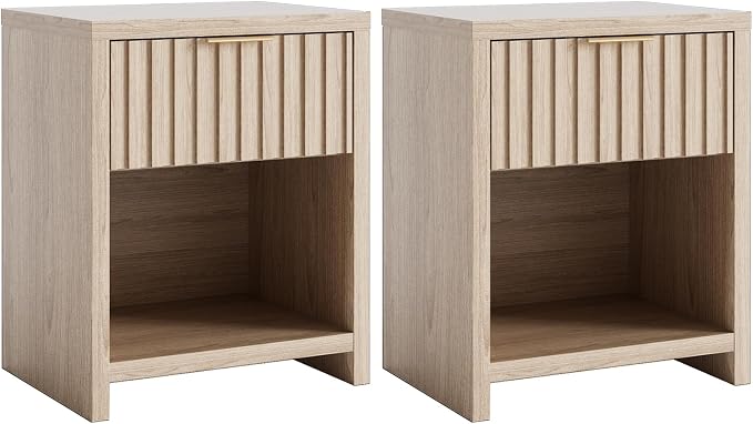 VINGLI Fluted Oak Nightstand Set of 2, 20" W Mid Century Modern Nightstand for Bedroom, Bedside Table, End Tables Bedroom, Wood Side Table by VINGLI