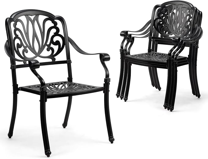 VINGLI Patio Chairs Set of 4 - Stackable Outdoor Cast Aluminum Dining Chairs with Vintage Black Finish and Floral Pattern, Metal Armchairs for Poolside, Backyard, Balcony (No Cushion) by VINGLI