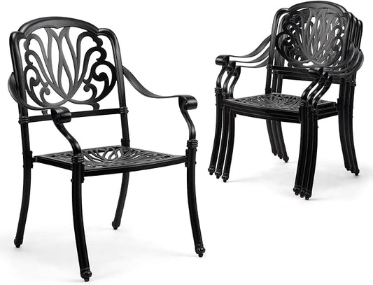 VINGLI Patio Chairs Set of 4 - Stackable Outdoor Cast Aluminum Dining Chairs with Vintage Black Finish and Floral Pattern, Metal Armchairs for Poolside, Backyard, Balcony (No Cushion) by VINGLI