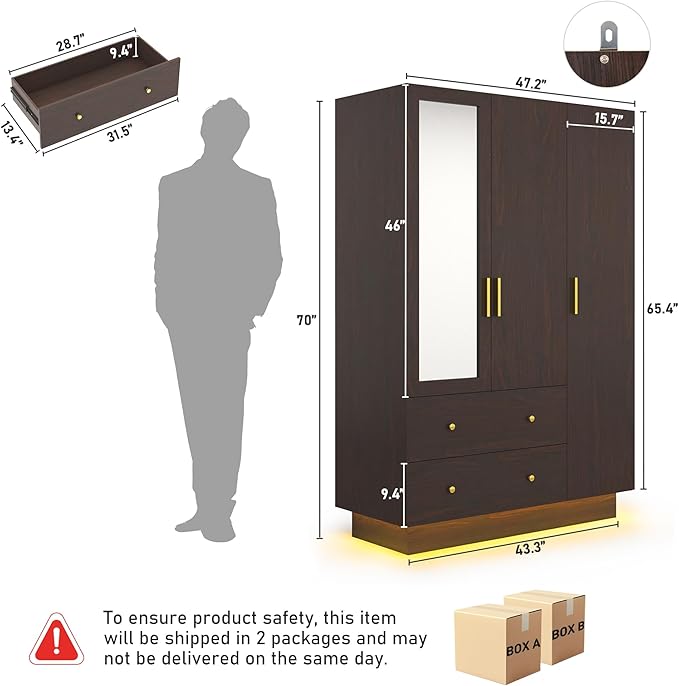 chartustriable 3 Doors Armoire Wardrobe Closet with Mirror, LED Armoire with Doors and Drawers, Wooden Wardrobe Storage Cabinet with Hanging Rod, Adjustable Shelves, Brown