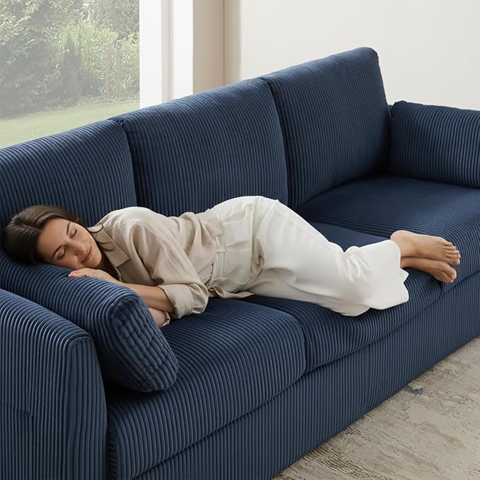 3 Pieces Corduroy Living Room Sofa Sets, Navy Blue Couch with Set of 2 Reading Armchairs, Comfy Pillows and Storage Pockets, Modern Living Room Furniture Sets for Apartment, Small Spaces