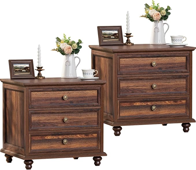 Joaxswe 24" Wide Farmhouse Night Stand Set of 2,Large End Table with 3 Drawers & Metal Handle,Wood Dresser for Bedroom,Bed Side Table Chest of Drawers Cabinet,Brown Nightstand for Living Room,Closet by Joaxswe