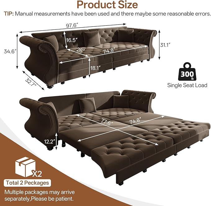 Eafurn Oversized 4-Seater Chesterfield Loveseat Convertible King Size Sleeper Couch Bed,Classic Tufted Velvet Pull Out Loveseat Sofa Bed with Roll Armrest and Solid Wood Legs