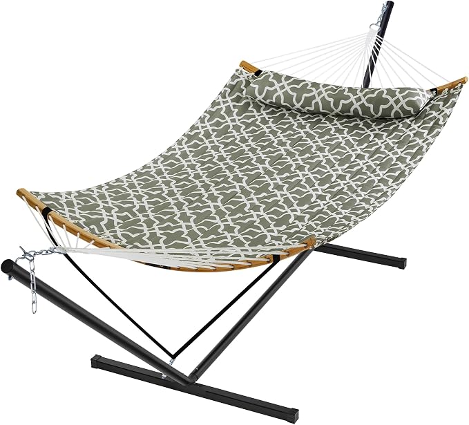 SUPERJARE Hammock with Stand, 2 Person Heavy Duty Hammock with Padded Cotton, Detachable Pillow & Strong Curved-Bar & Portable Carrying Bag, Perfect for Outdoor & Indoor, Grey with White Flower by SUPERJARE