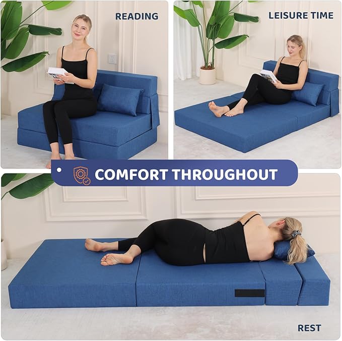 Folding Sofa Bed, Foldable Sleeper Chair with Pillow, Convertible Fold Out Chair Bed with Washable Cover, Foldable Mattress for Living Room, Bedroom, Guest Room, Standard Size, Blue