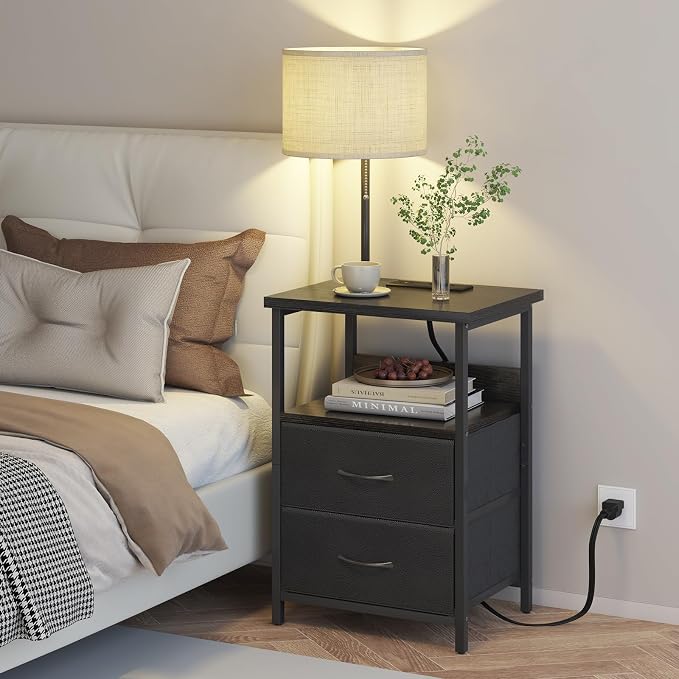 Fixwal Bedside Table with 3 Color Temperature Reading Light, Nightstand with LED Light & Charging Station End Table with Adjustable Fabric Drawer for Bedroom, Dorm, Black - Image 2