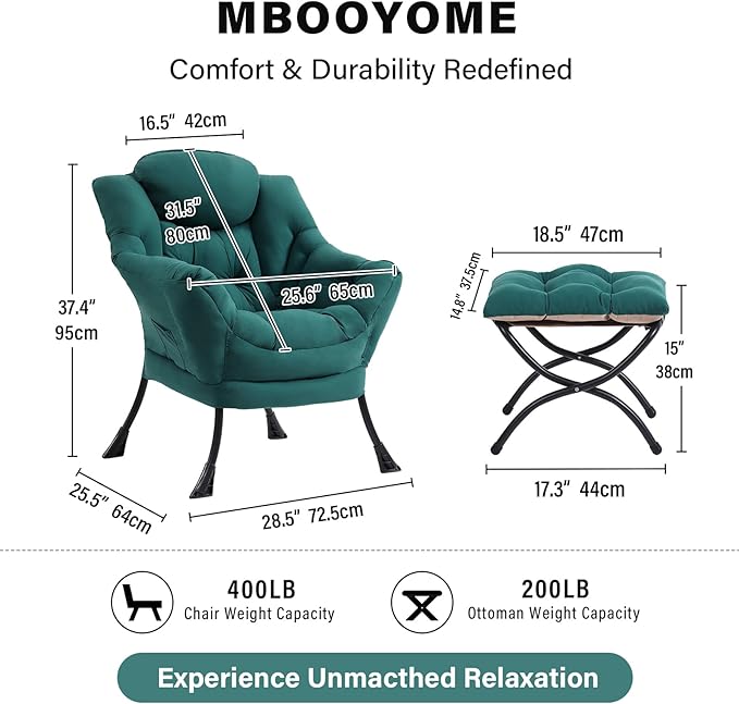 MBOOYOME Lazy Chair with Folding Ottoman, Modern Accent Armchair with Armrests and a Side Pocket & Foldable Footstool, Reading Chair for Living Room, Bedroom, Dorm & Office, Dark Green