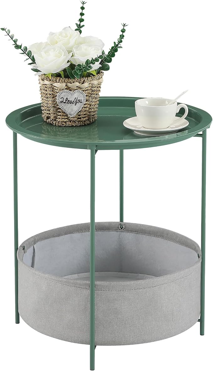VECELO Round Side/End Table with Fabric Storage Basket，Metal Anti-Rust and Waterproof Small Bedside Nightstand with Removable Tray Top for Living Room，Balcony & Laundry，Dark Green /1pcs with Basket by VECELO