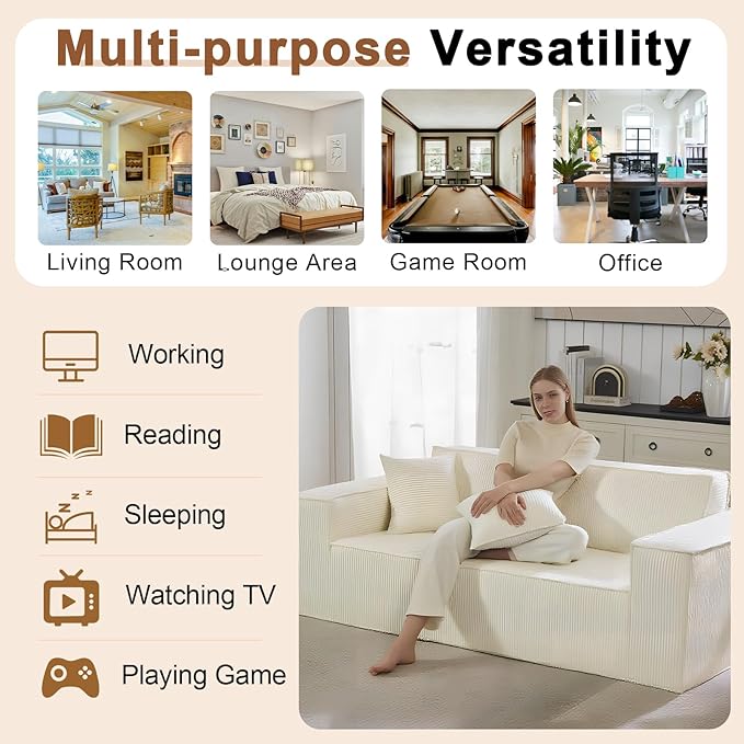 Corduroy Cloud Couch with Pillow, Premium Memory Foam, No Assembly Required, Deep Seat Sofa in Box, Space-Saving Chair for Home, Living Room, Bedroom, Apartment, Office, 3-Seater, Beige