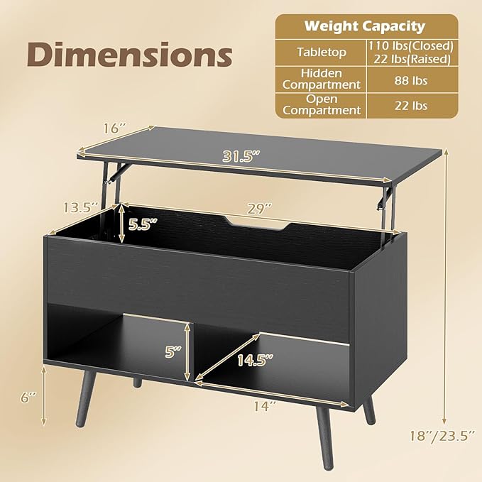 Giantex Lift Top Coffee Table, Modern Cocktail Table w/Hidden Compartment & 2 Open Shelves, Flip Top Center Table, Wooden Pull up Coffee Table for Living Room, Reception Room, Office (Black)