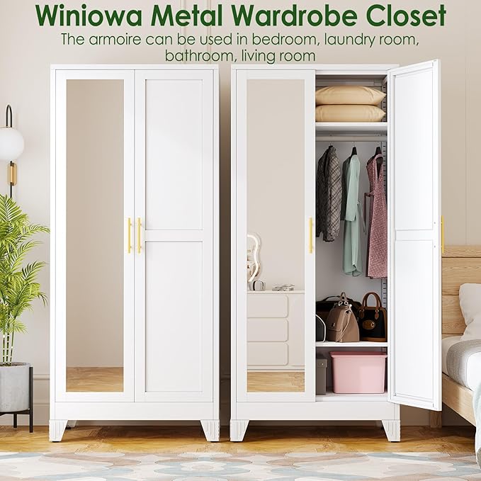winiowa Metal Armoire Wardrobe Closet with 2 Mirror Doors, 71" Wardrobe Cabinet with Adjustable Shelves and Hanging Rod, Clothing Storage Cabinet Closet with Mirror for Bedroom-White