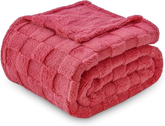 NEWCOSPLAY Super Soft Queen Blanket Coral Pink Premium Silky Flannel Fleece 3D Checkered Lightweight Bed Blanket All Season Use (Coral Pink Checkered, Queen(90"x90"))