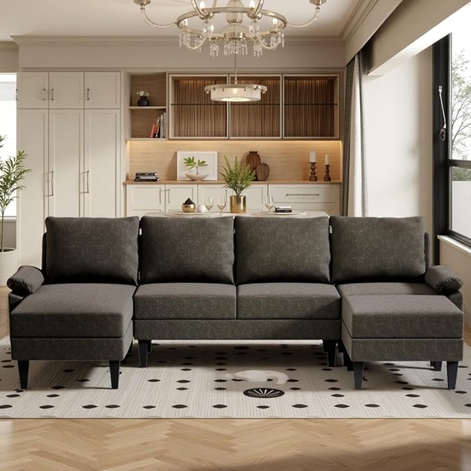 Sectional Couches for Living Room, Convertible 4 Seat Modular Sectional Sofa Set for Living Room, L Shaped Couch or U Shaped Couch with Ottoman for Apartment, Brown
