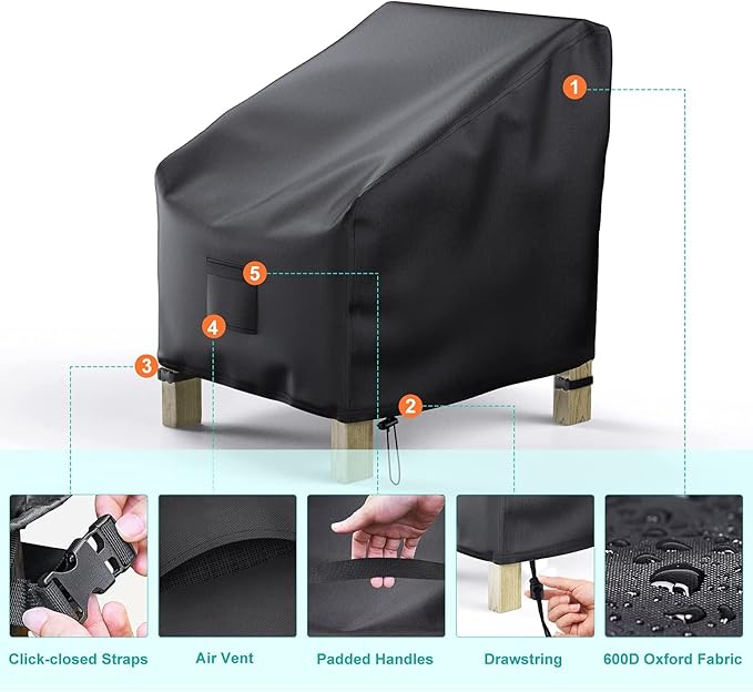 Patio Chair Covers for Outdoor Furniture Waterproof 2 Pack, Lawn Chair Covers 600D Heavy Duty Oxford Cloth, Large Covers for Lounge Lawn Deep Seat Black 29"W×30"D×36"H - Image 3