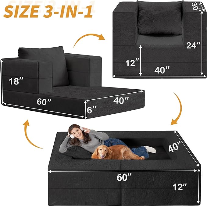 Futon Sofa Bed with Pillow, 3-in-1 Sleeper Sofa Bed with Removable Cover, Convertible Floor Sofa Bed, No Assembly Boneless Couch for Living Room, Bedroom