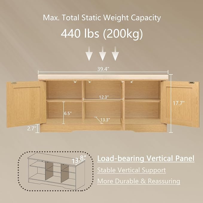 DINZI LVJ Shoe Bench, Entryway Storage Bench with Doors, Cushion, 2-Tier Shoe Rack with 6-Cubby, 39.4”L x 13.8”W Shoe Organizer Cabinet, Adjustable Shelf, Living Room, Bedroom, Natural - Image 3
