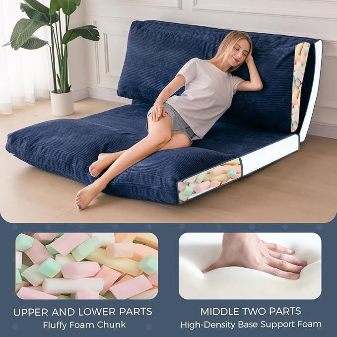 MAXYOYO Folding Sofa Bed, Extra Thick and Long Floor Sofa Convertible Sleeper Chair with Washable Cover, Floor Couch Lounge Bean Bag Bed for Living Room, Navy, 54x95 Inch