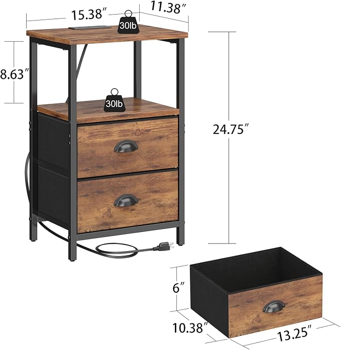 Sthmec Rustic Brown Industrial Nightstand Set of 2, Bedside Table with 2 Fabric Drawers, 3-Tier Storage, LED Light, Charging Station, 11.38''D * 15.38''W* 24.75''H - Image 3