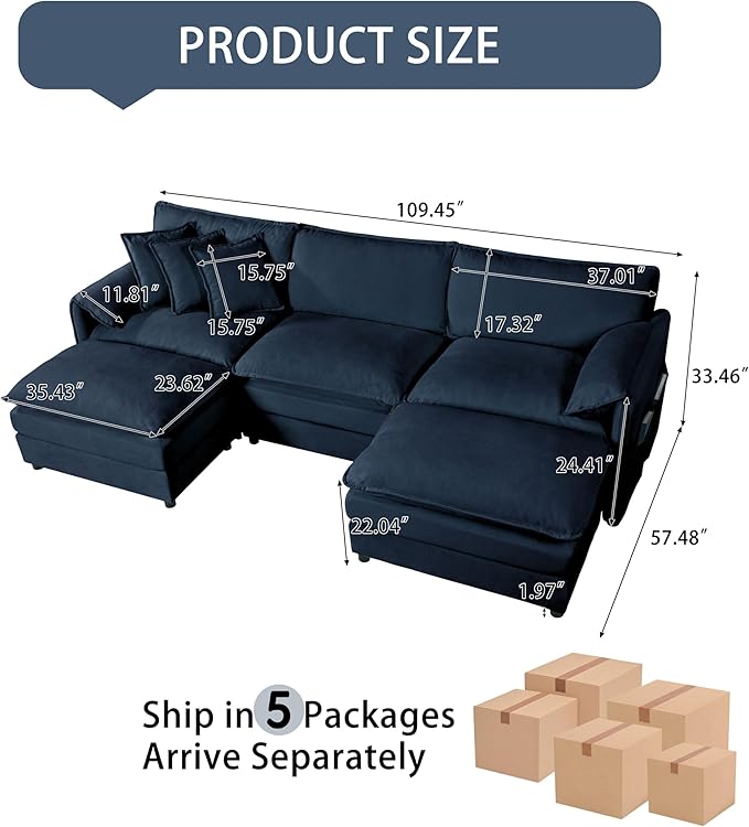 109-Inch U-Shaped Sectional Cloud Sofa Oversized Modular 5 Seaters Sofa Couch with 2 Ottoman Chaise and Pillow Armrest, Chenille Upholstered Convertible Cloud Couch