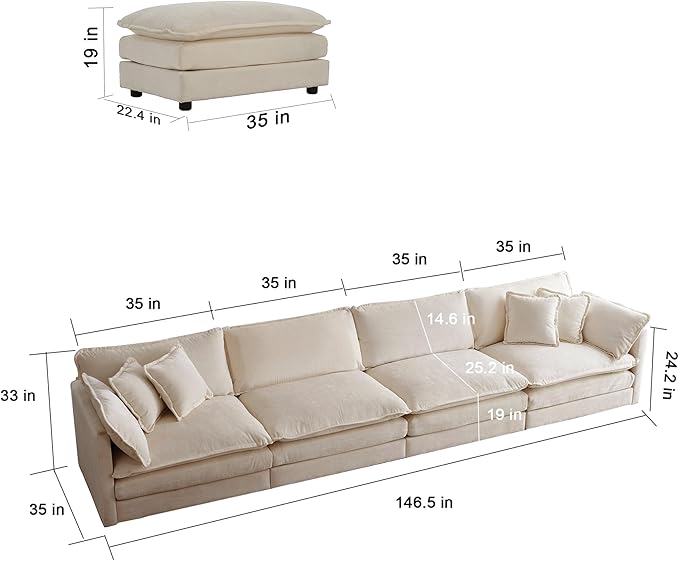 ERYE Shaped Oversized Sectional Sofa Modern Deep Seat Reversible Chaise Sofa&Couch with Movable Ottoman, Modular Sleeper Upholstered Couch for Living Room, Apartment, Studio, Office, 146.5", Beige/L