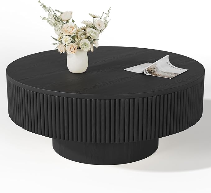 YOUDENOVA 31.5” Round Fluted Coffee Table, Modern Wood Circle Coffee Table, Veneer Handcrafted Relief Tea Table with Sturdy Pedestal for Living Room，Easy Assembly - Black